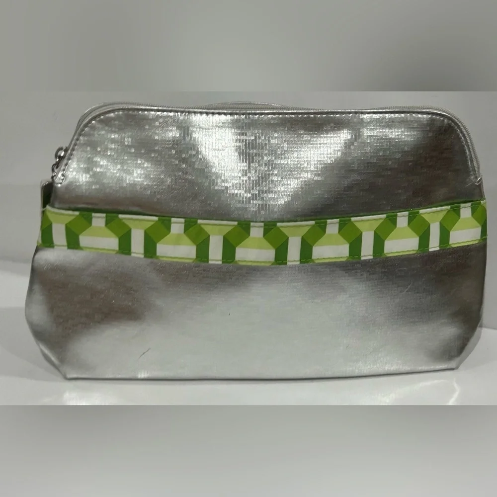 Clinique 2 Pc Cosmetic Bag Set Silver Green Geometric Makeup Pouch NWT